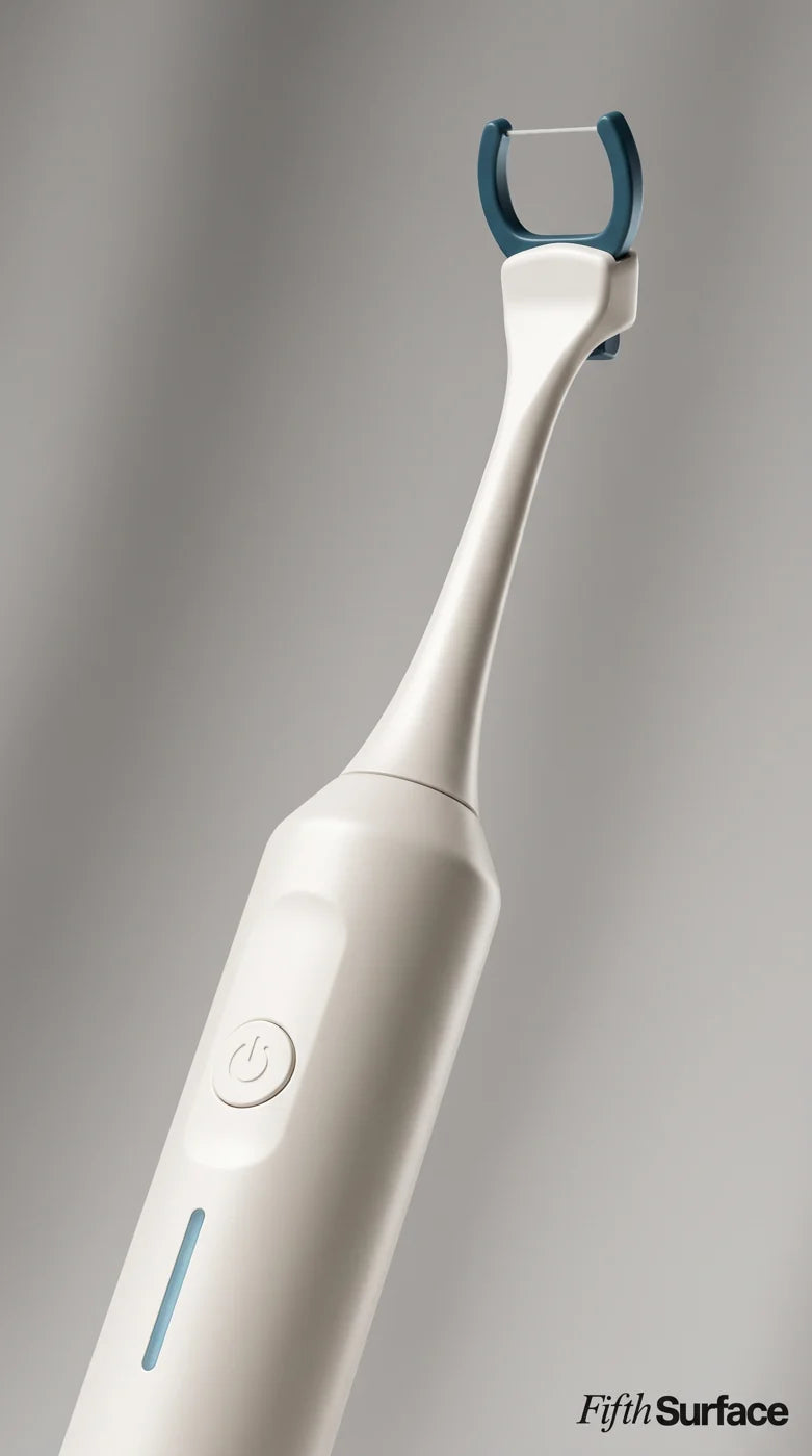 White Fifth Surface electric flosser with a blue floss head